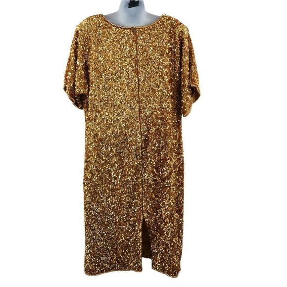 Vintage Gold Silk Dress Hand Embellished with Gold Beads and Sequins | Joseph Le - Picture 2 of 6